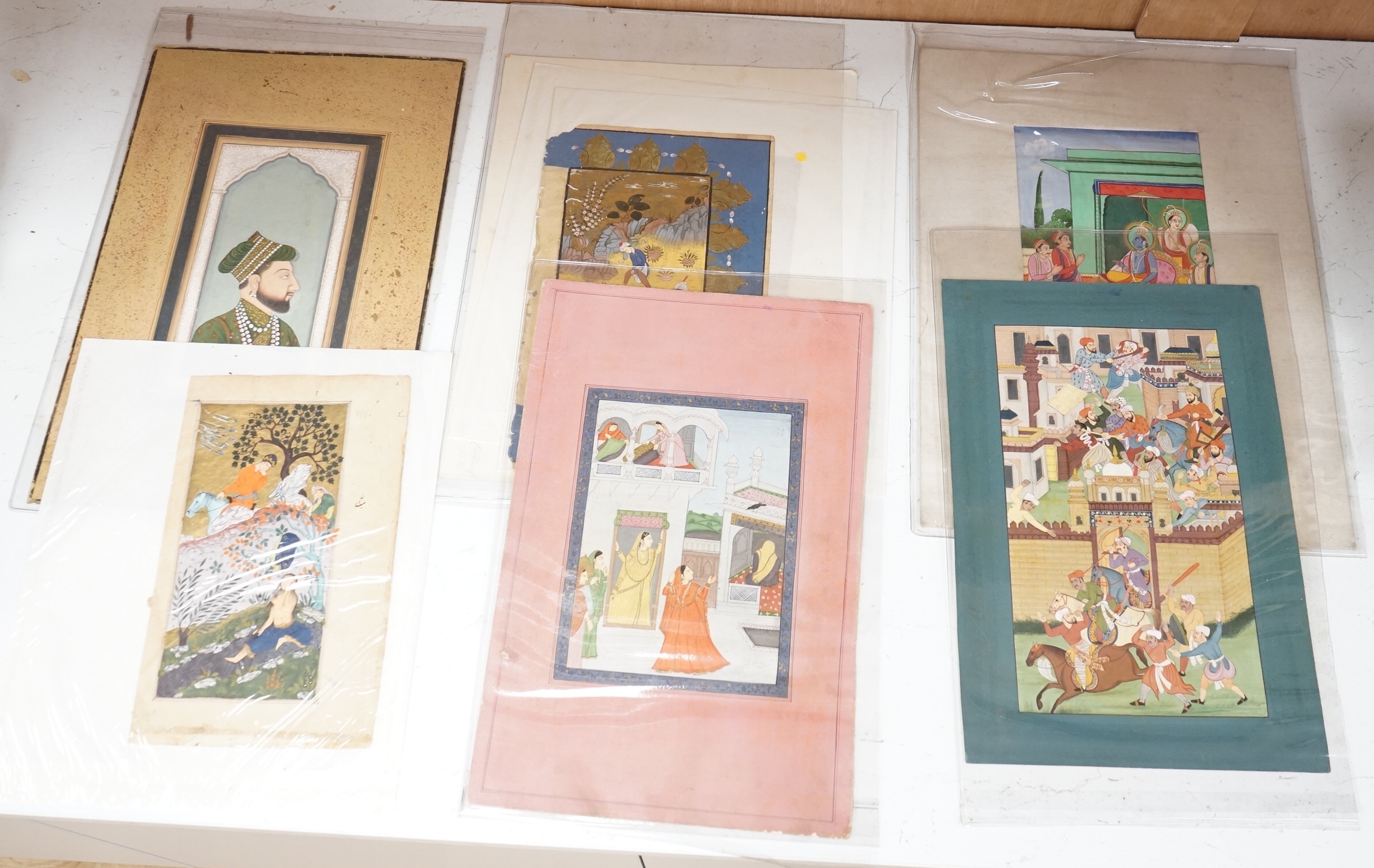 Indian mughal style, Figural studies, portraits and horse racing scene, mounted, seven watercolours, unframed, largest 25 x 13cm